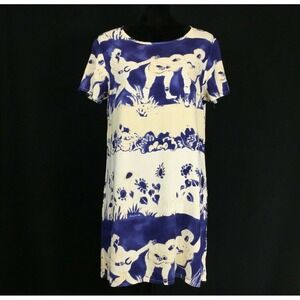 Jac Vanek MED Tunic Top Blue Ivory Batik Guitar Player Unique Really Boring Long